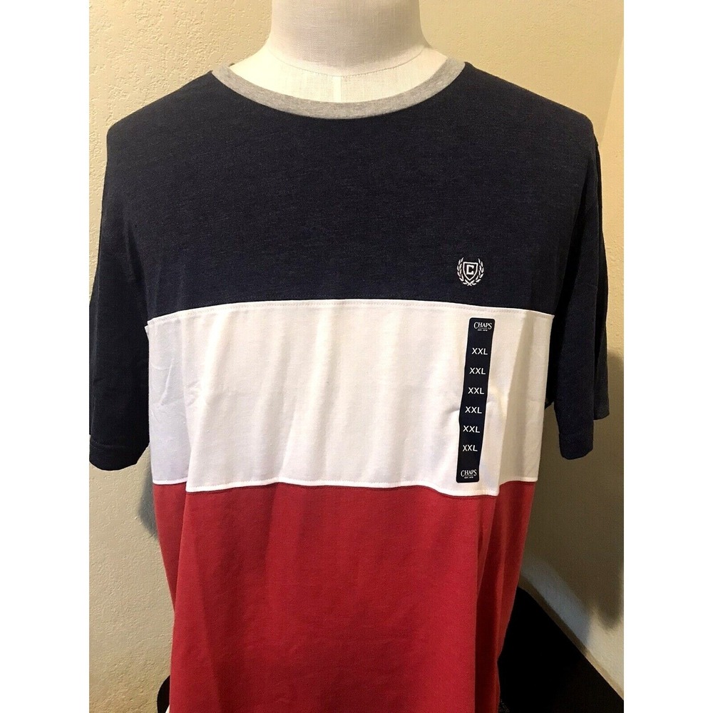 Chaps Mens XXL Colorblock T-Shirt Navy White Red Short Sleeve Crew Neck Logo - Picture 2 of 13